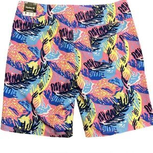 NWT Hurley Men's Vibrant Leaf Print Board Shorts - Blue, Pink, Yellow